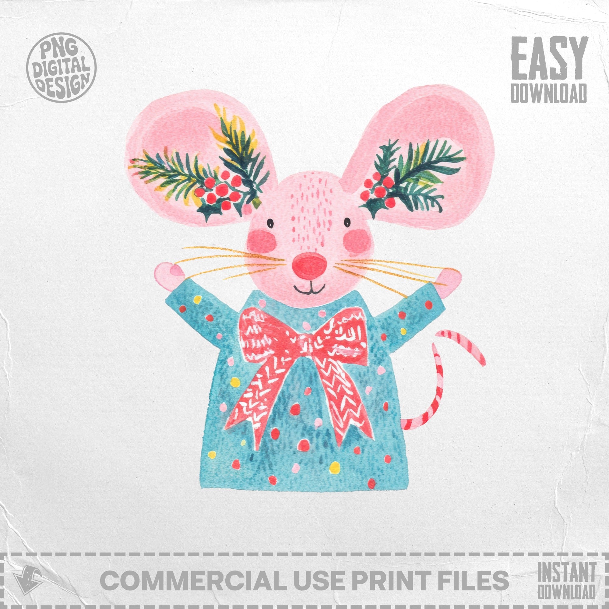 Watercolor illustration of a festive mouse wearing a blue polka dot shirt and red bow.