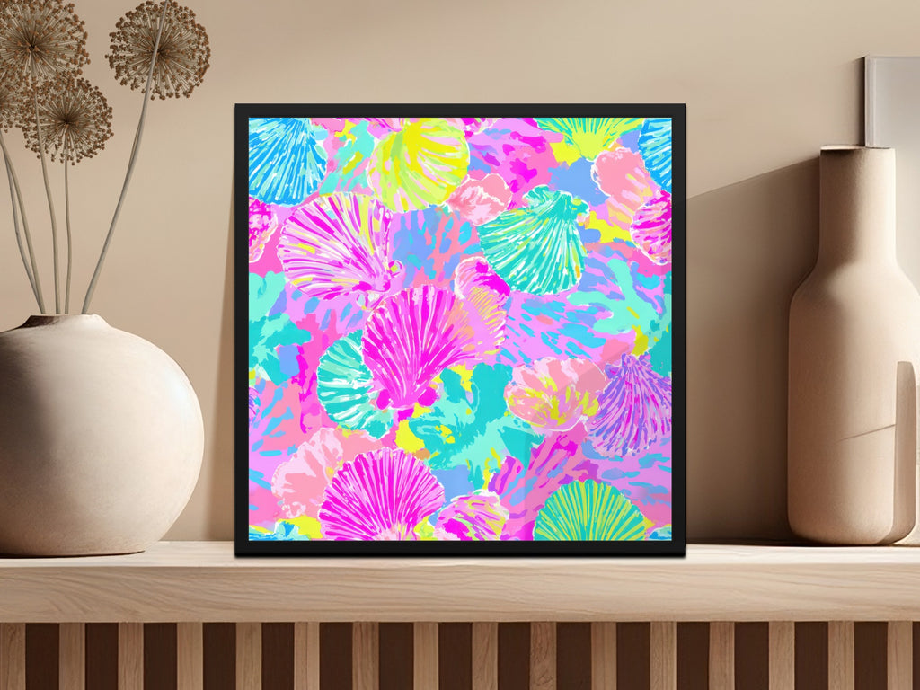 Colorful abstract pattern of seashells in pink, yellow, and teal.