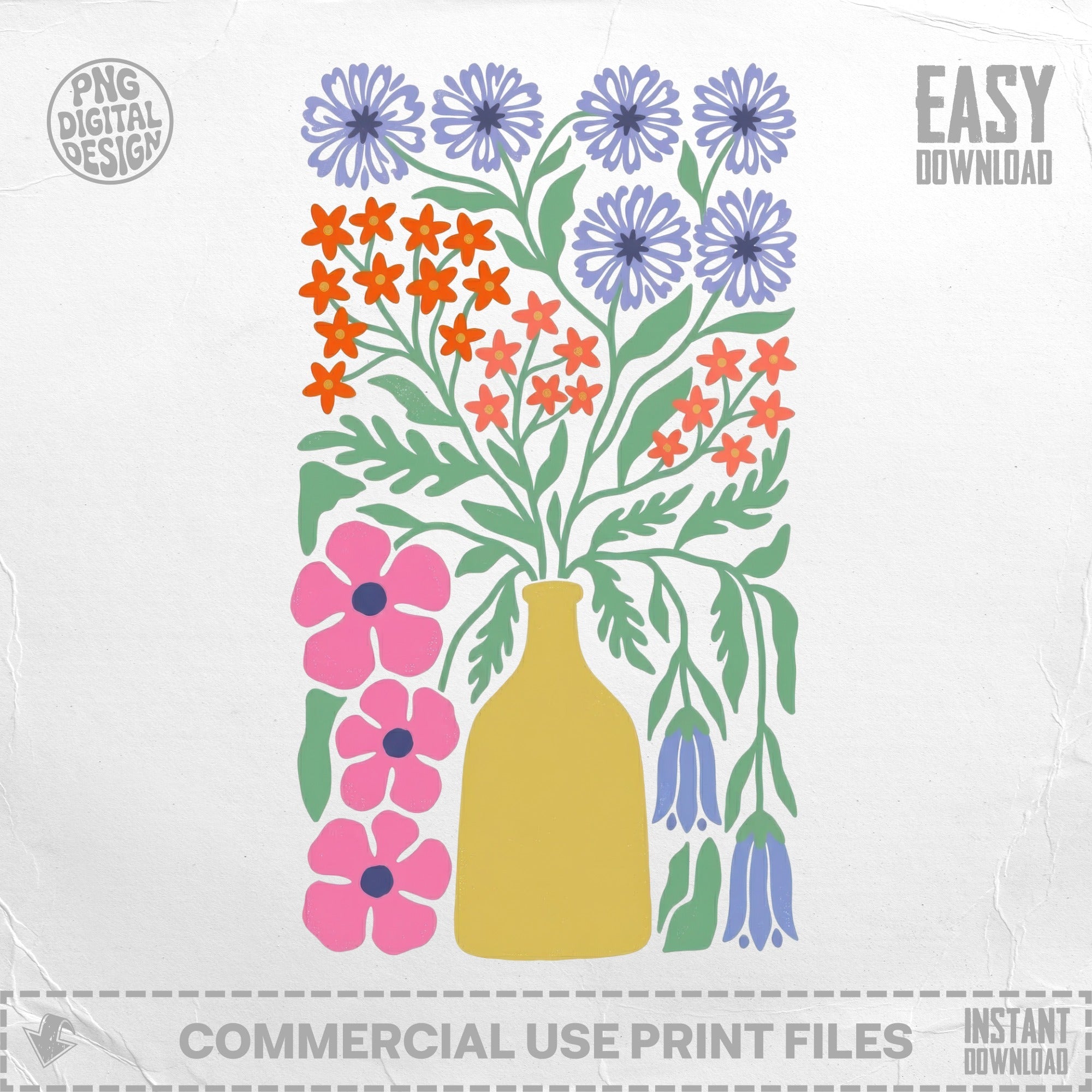 Yellow vase with blue and pink flowers, orange blossoms, and green leaves.