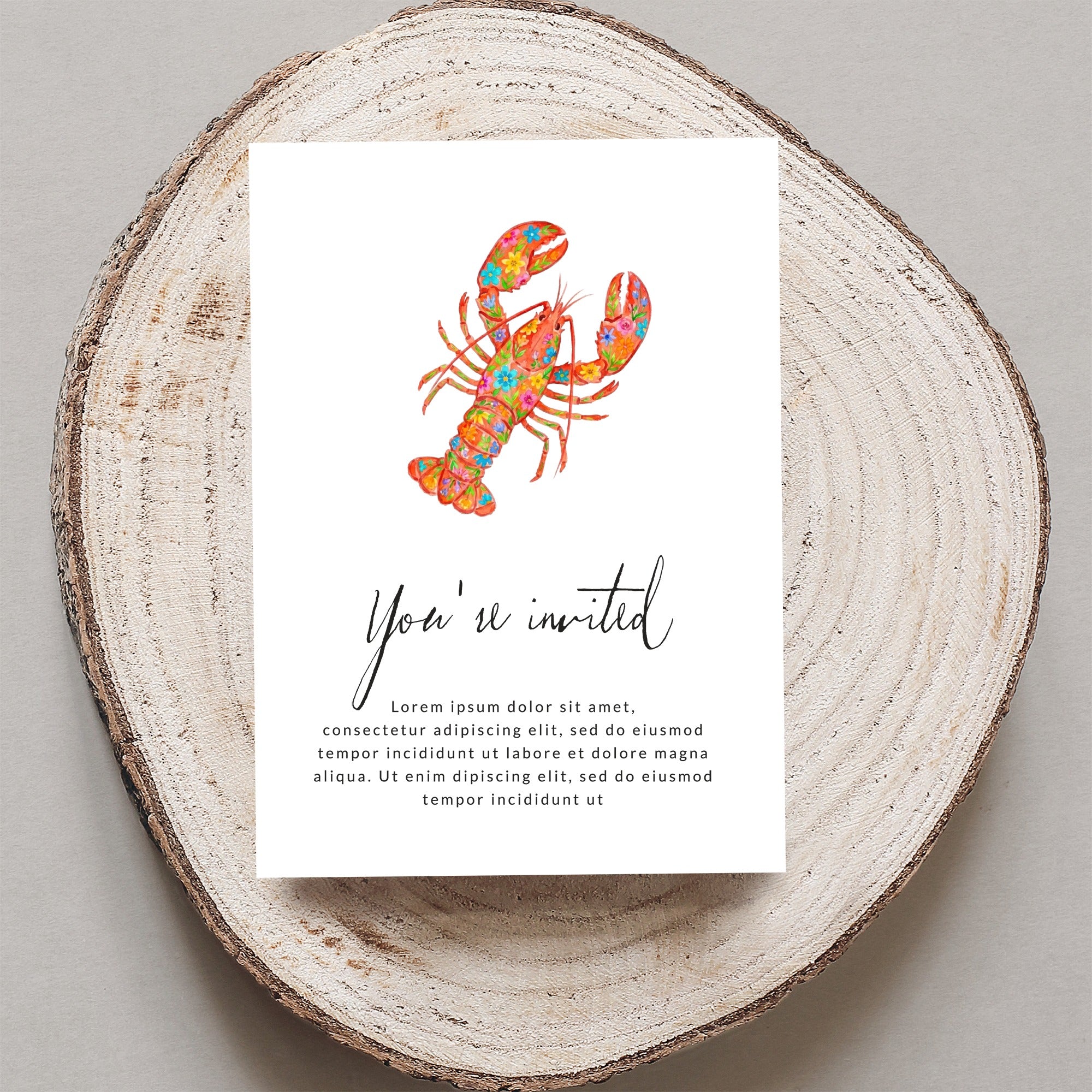 Card with floral lobster invitation text: "You're invited" and placeholder text.