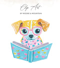 Dog wearing glasses reading a book with hearts.