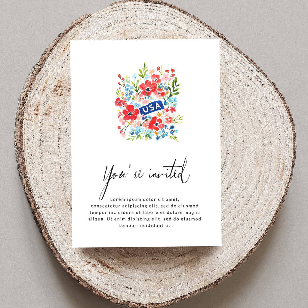 Invitation with "You're invited" text and USA floral design.