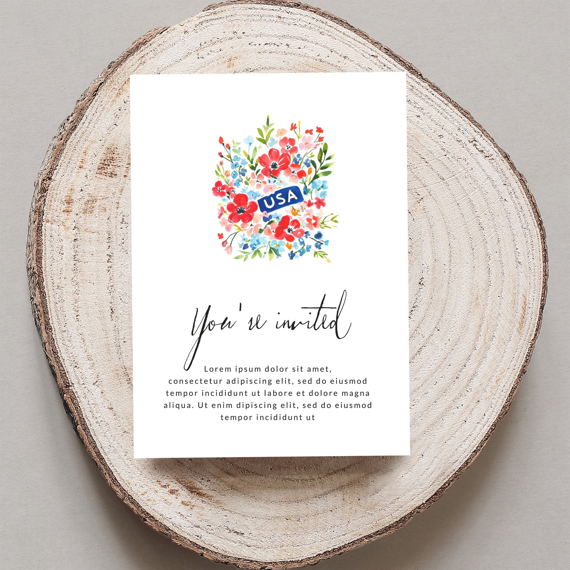 Invitation with "You're invited" text and USA floral design.