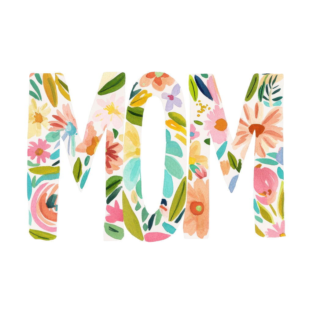 "MOM" spelled out in colorful watercolor floral letters.