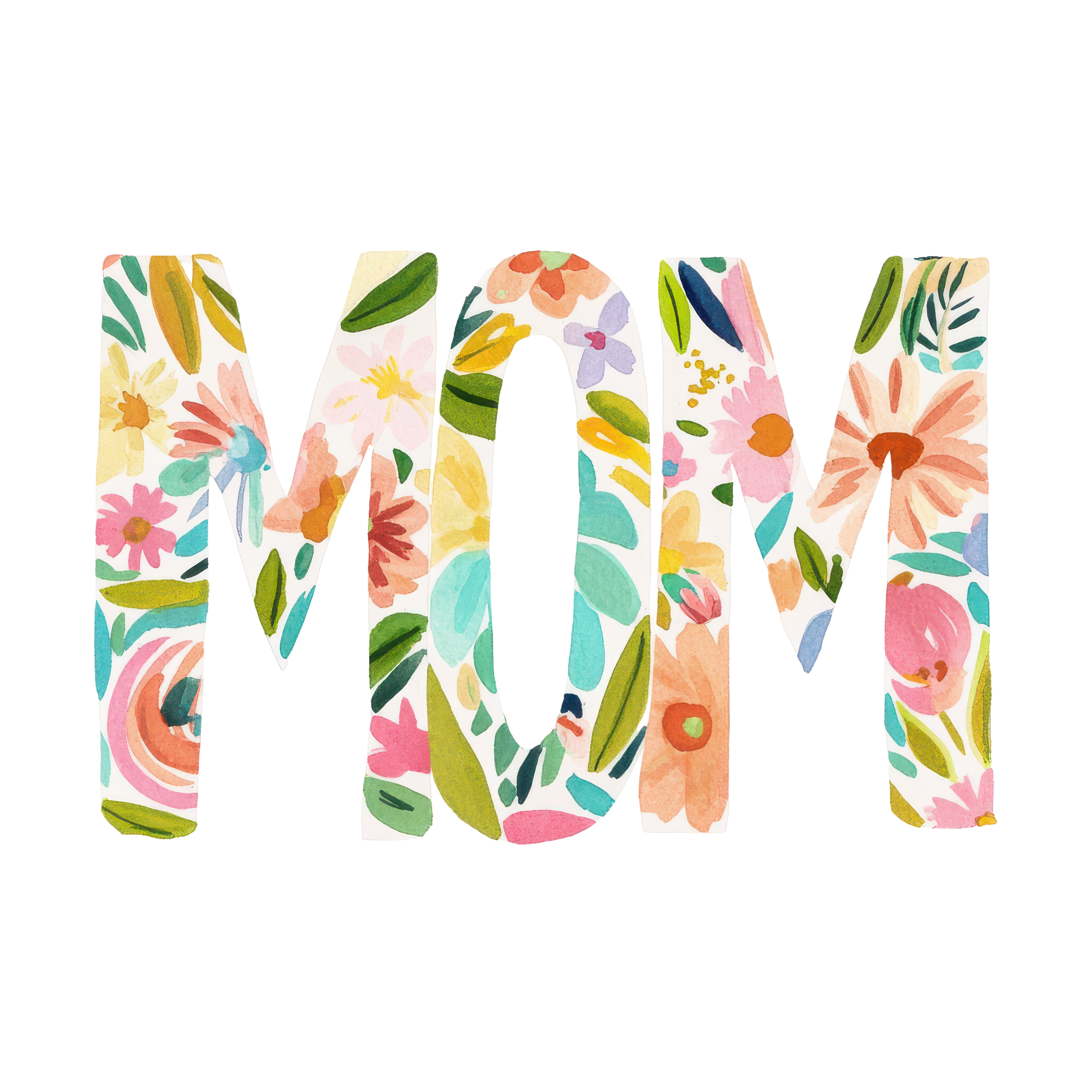 "MOM" spelled out in colorful watercolor floral letters.