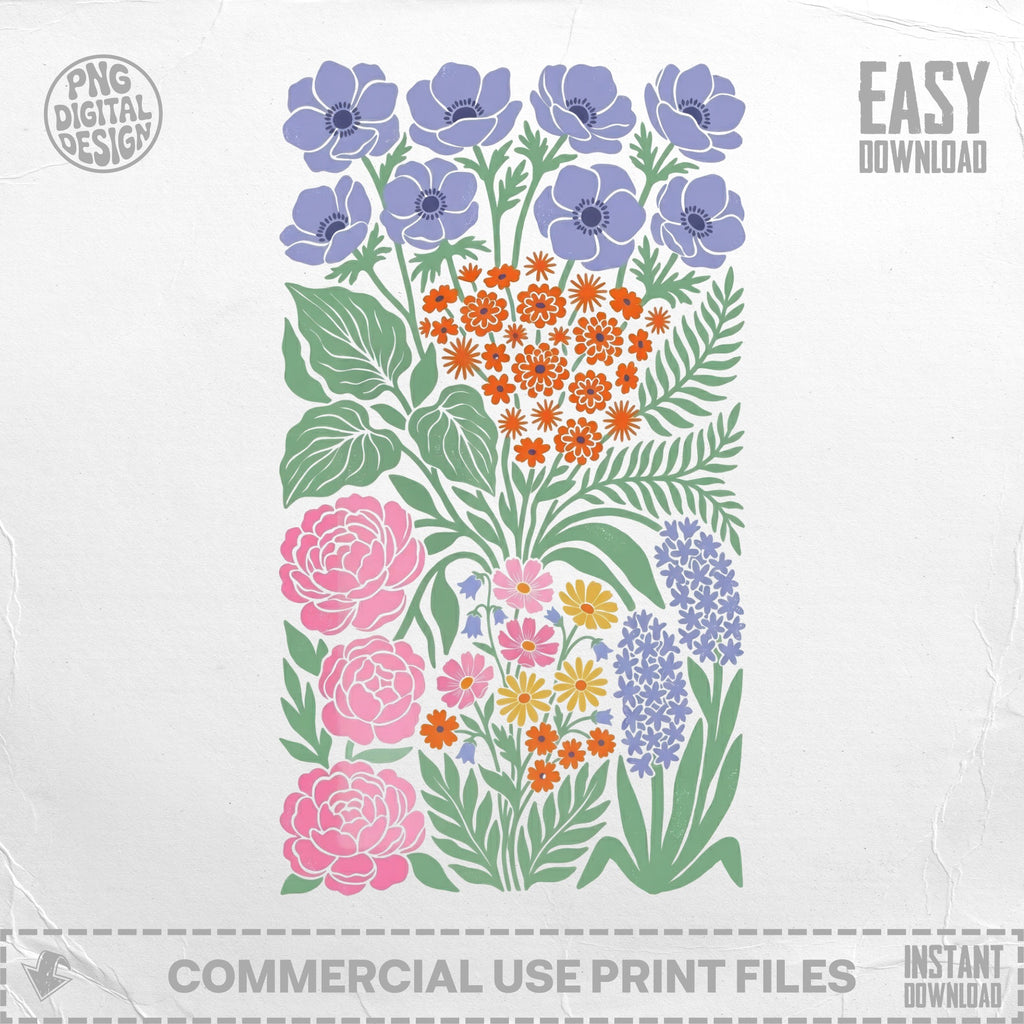 Floral pattern with blue anemones, pink peonies, orange and yellow flowers, and purple hyacinths.