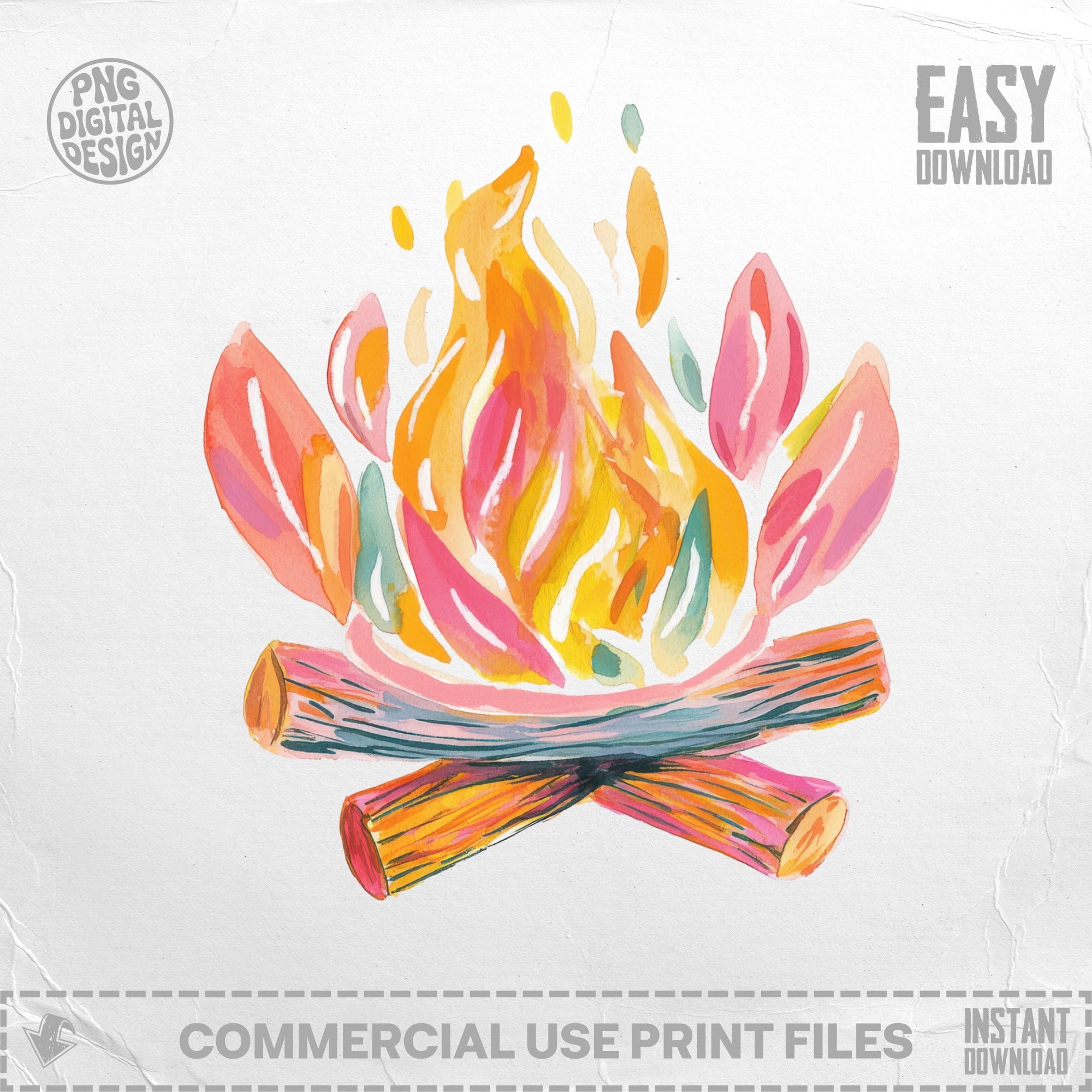 Watercolor illustration of a campfire with flames and logs, with "Easy Download" text.