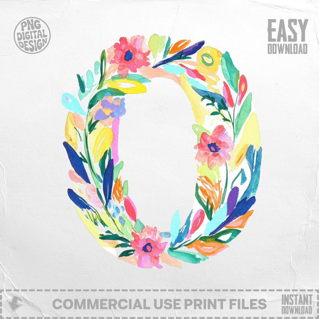 Colorful floral watercolor letter O with "easy download" text.