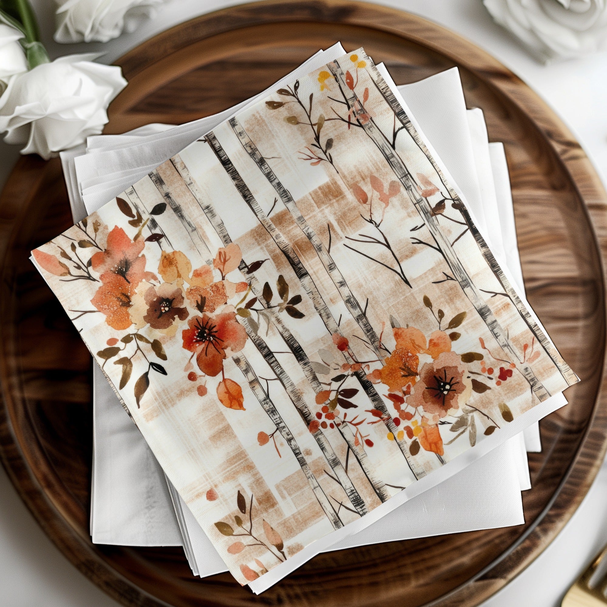 Autumn Floral and Birch Tree Themed Decorative Napkins
