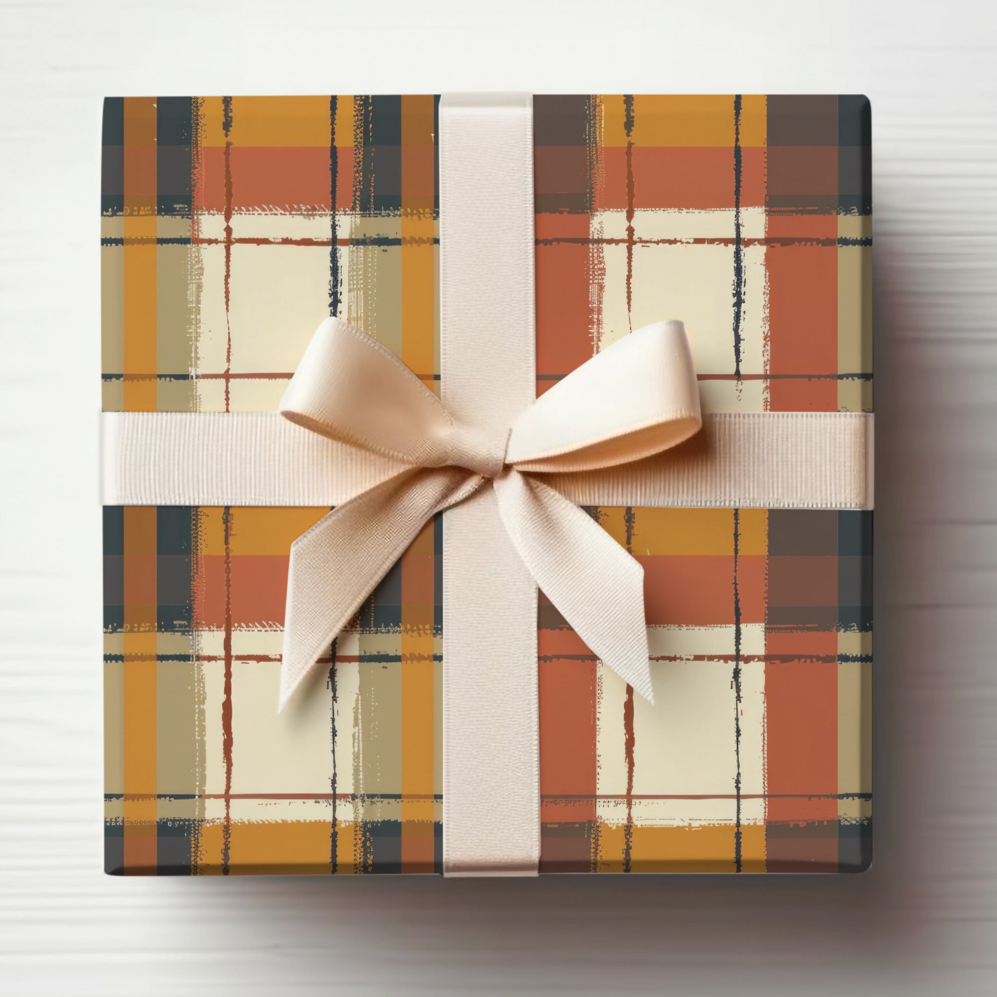 Festive Plaid Gift Box with Elegant Cream Ribbon