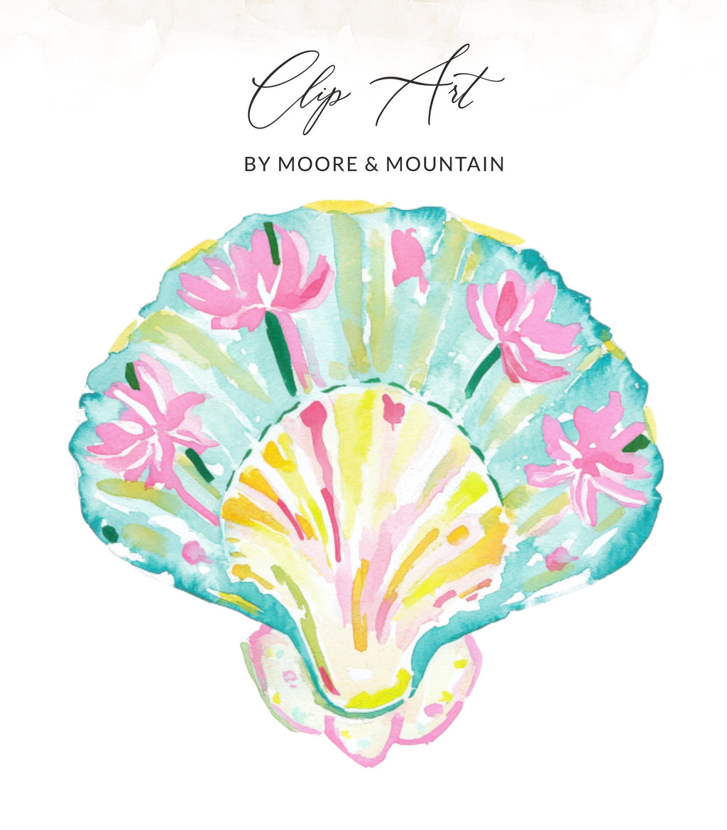 Watercolor seashell clip art with pink flowers and "Clip Art BY MOORE & MOUNTAIN" text.
