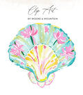 Watercolor seashell clip art with pink flowers and "Clip Art BY MOORE & MOUNTAIN" text.
