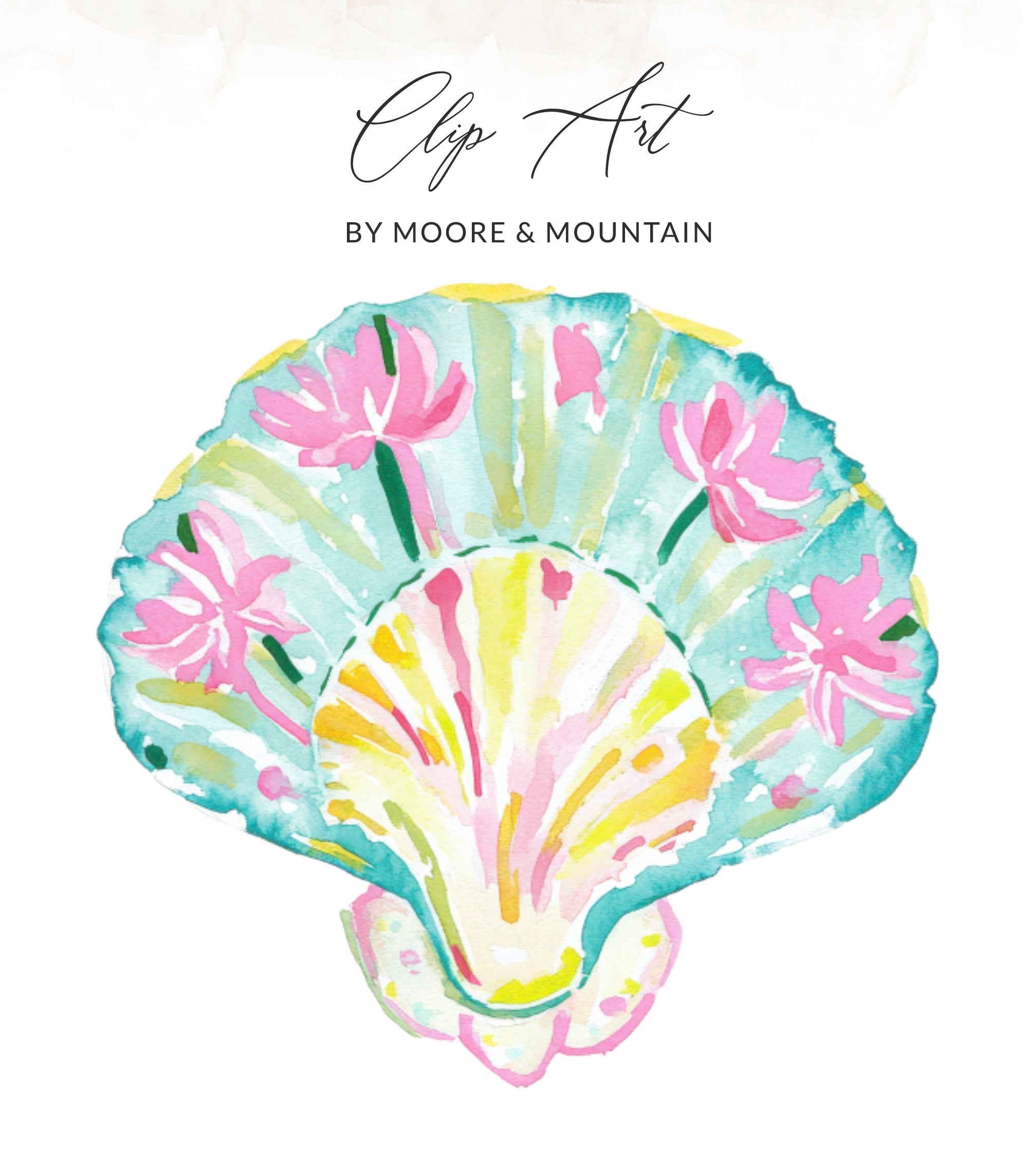 Watercolor seashell clip art with pink flowers and "Clip Art BY MOORE & MOUNTAIN" text.