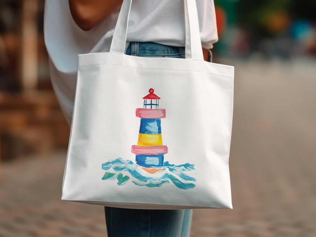 Watercolor lighthouse on a white canvas tote bag.