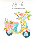 Yellow scooter with floral accents and "Clip Art by Moore & Mountain" text.