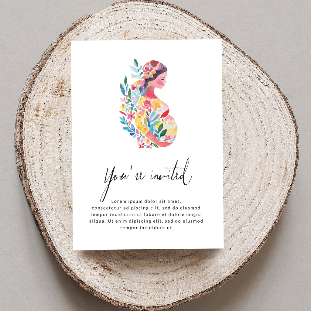 "You're invited" card with floral pregnant woman illustration.