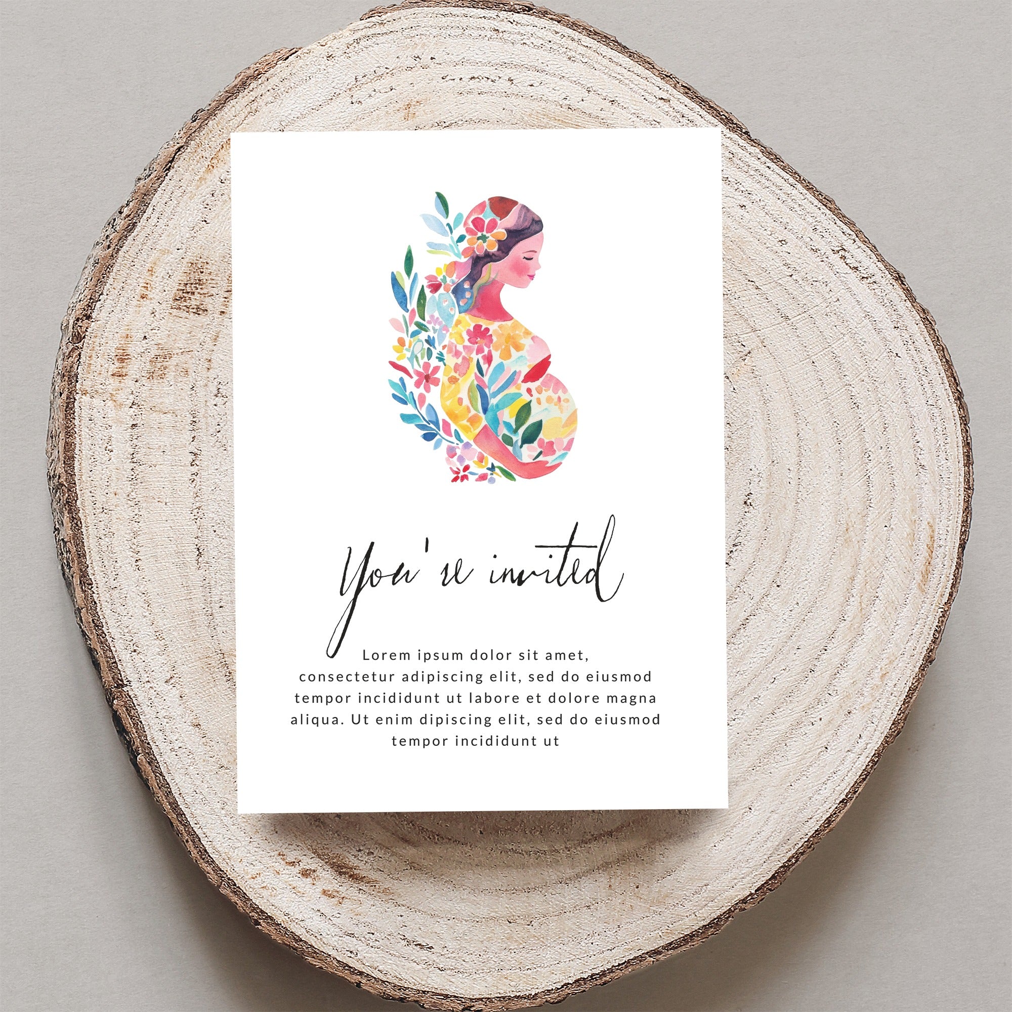"You're invited" card with floral pregnant woman illustration.