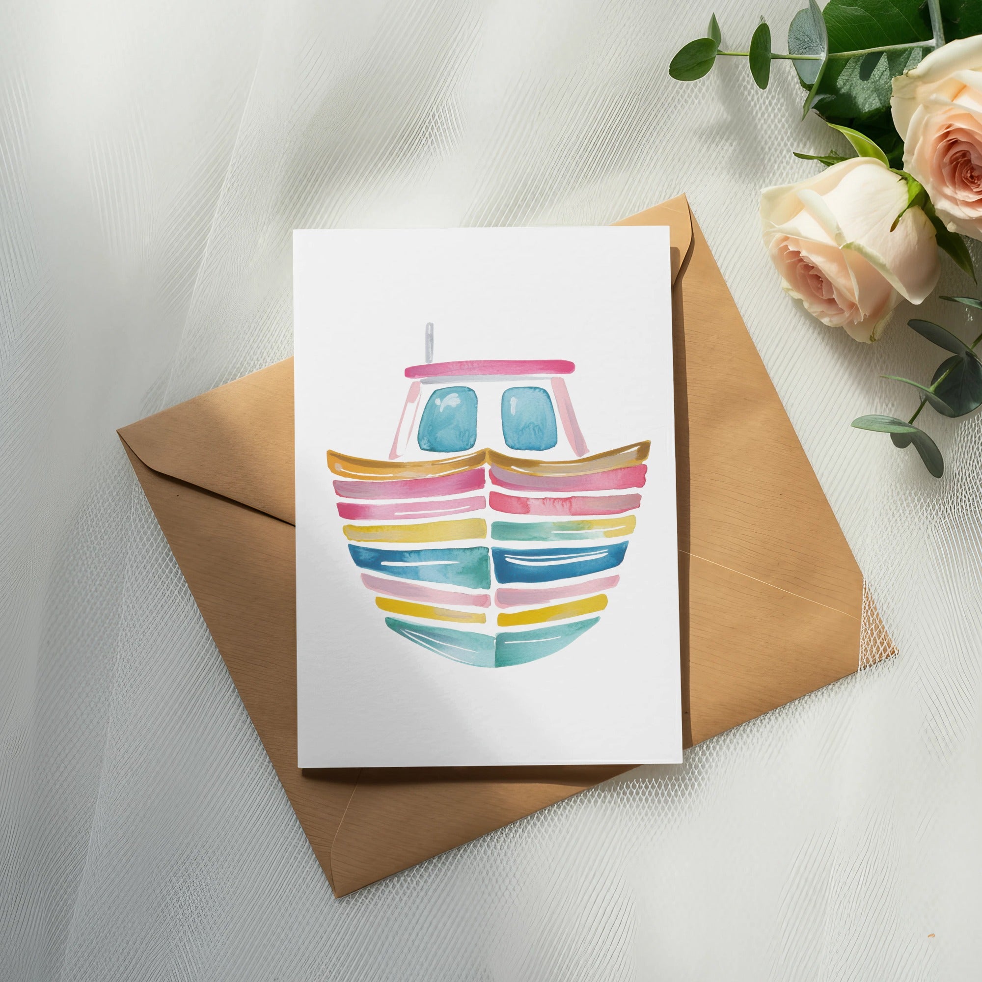 Watercolor illustration of a colorful boat on a card with a brown envelope.