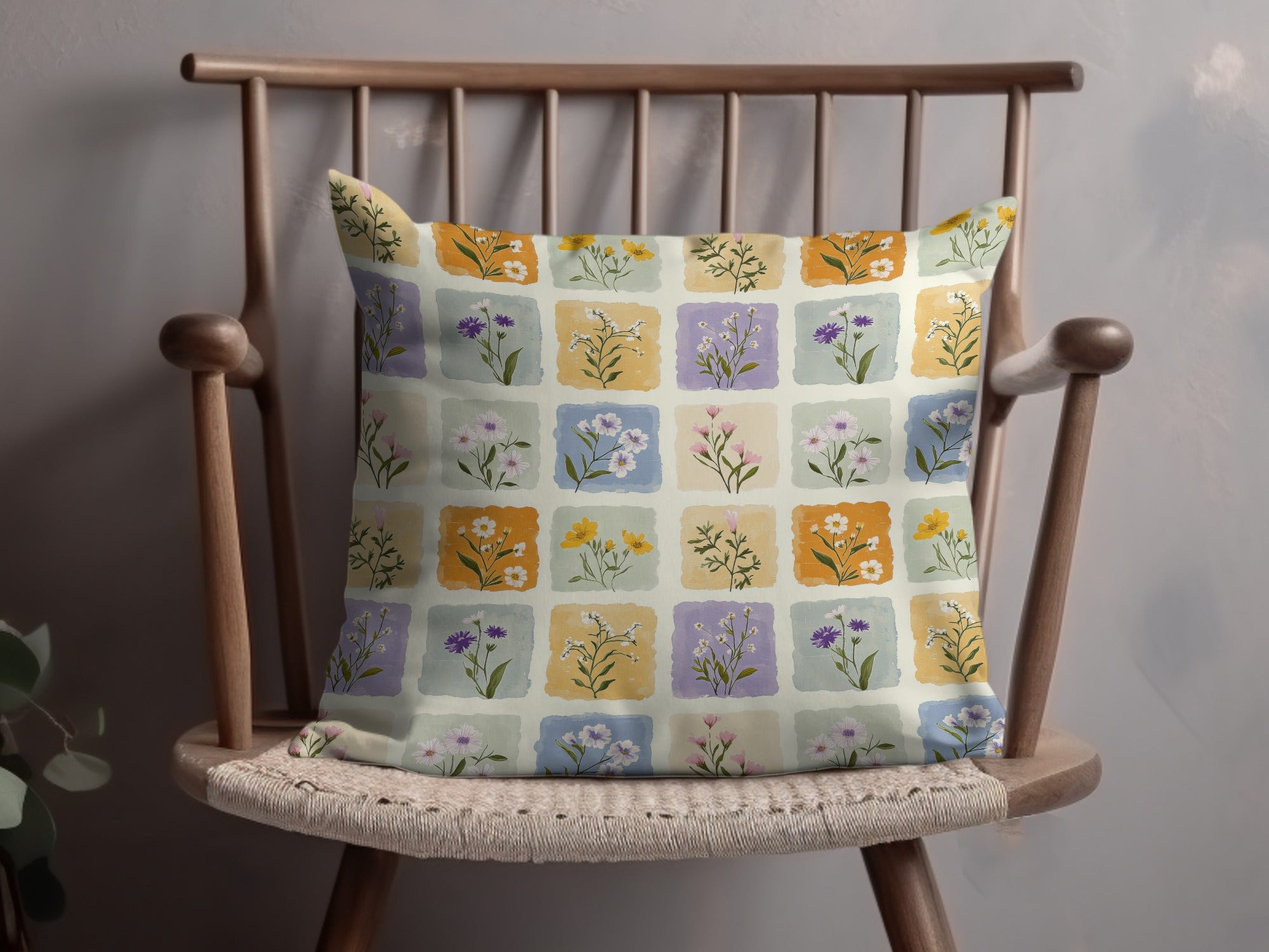 Vibrant Floral Patchwork Print Decorative Throw Pillow