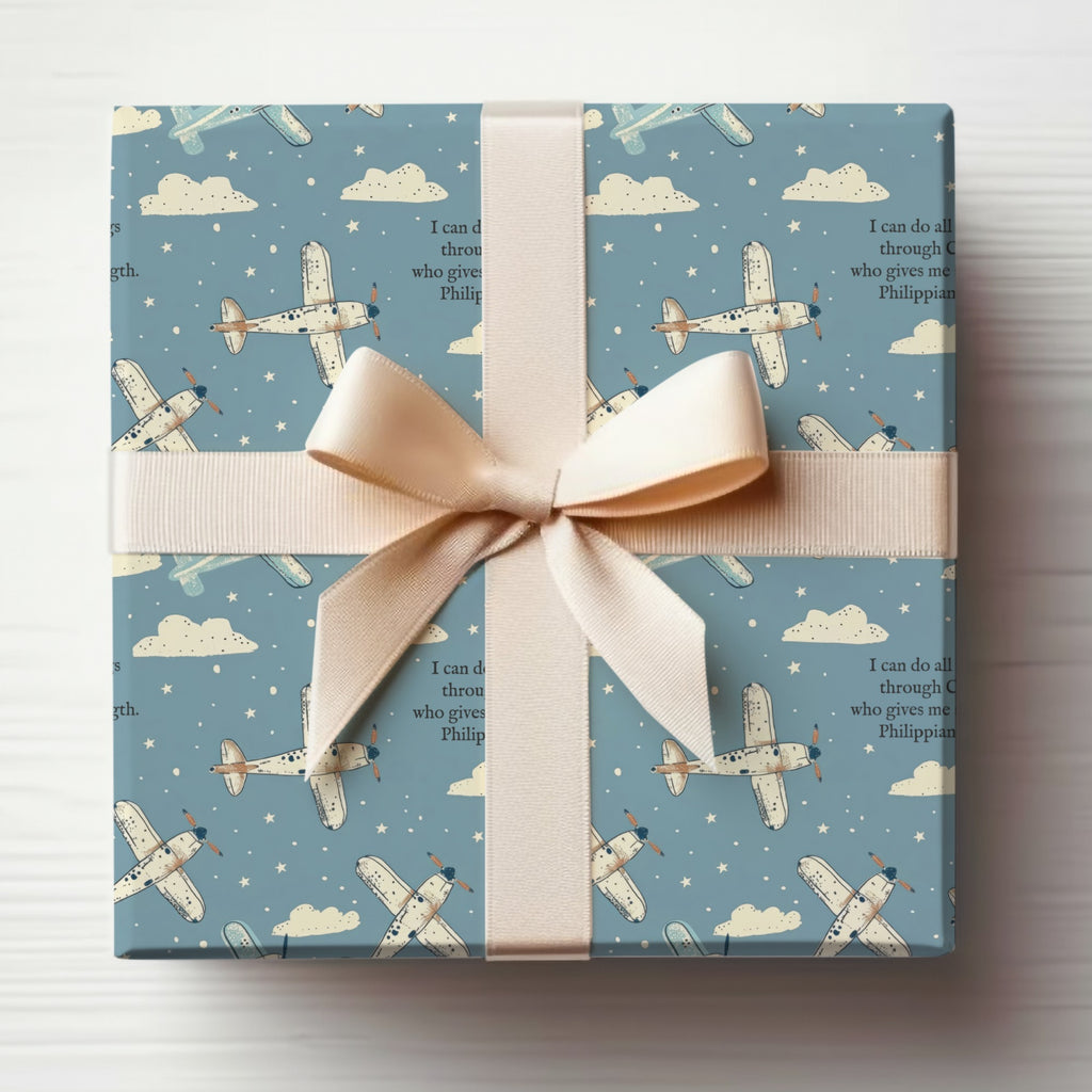 I can do all through Christ who gives strength boy product type

Airplanes, Clouds, Stars, Philippians 4:13, Bible Verse, Christian Gift, Religious Quote, Boys, Kids, Children, Blue Sky, Aviation, Flight, Inspirational, Faith, Nursery Theme, Gift Wrap, Wrapping Paper, Birthday, Baby Shower