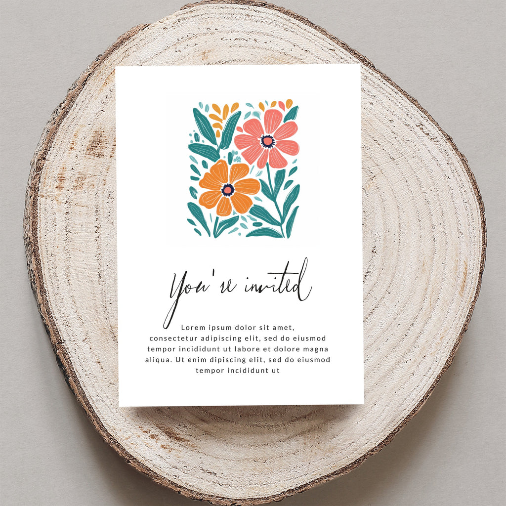 Invitation card with floral illustration and "You're invited" text.
