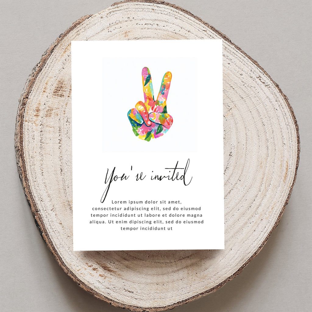 Invitation with colorful peace sign and placeholder text