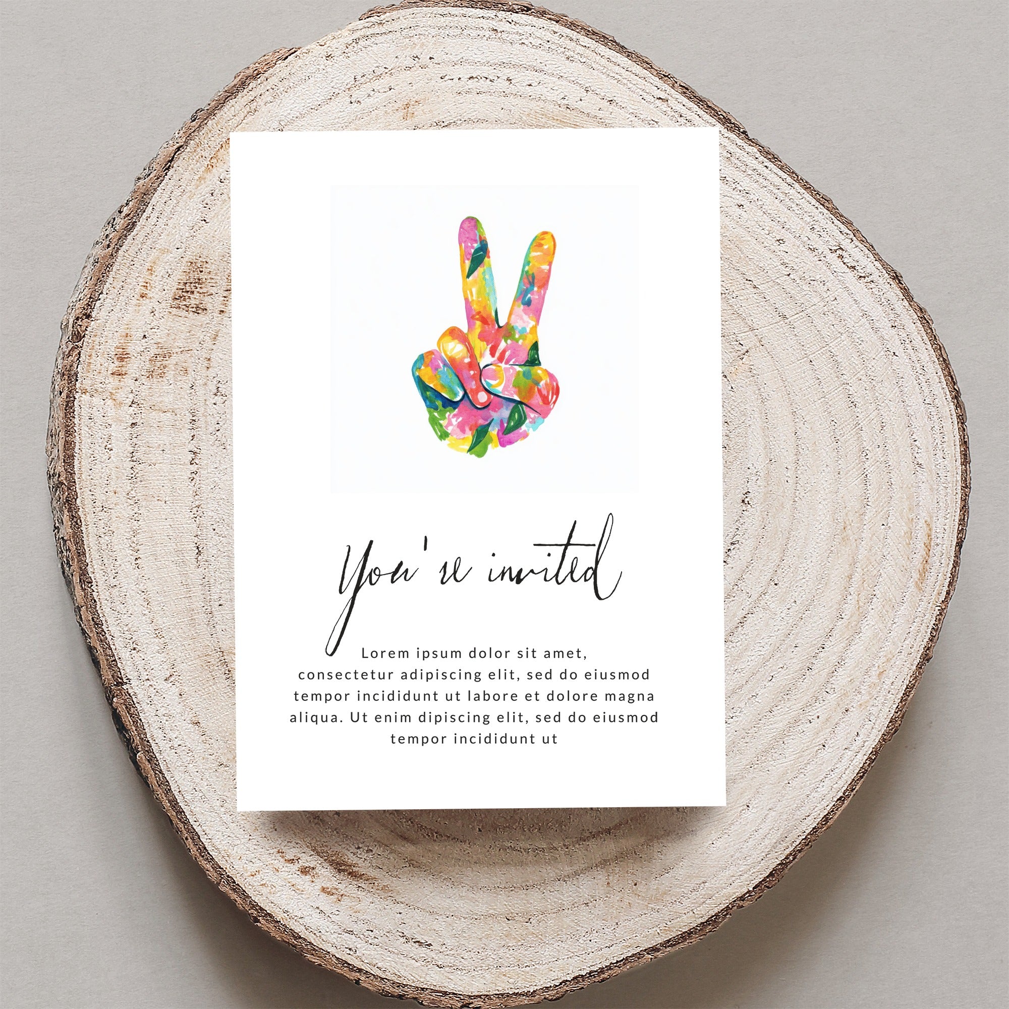 Invitation with colorful peace sign and placeholder text