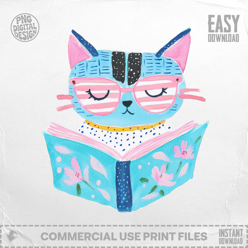 Blue cat wearing pink glasses reads an open book with pink flowers.