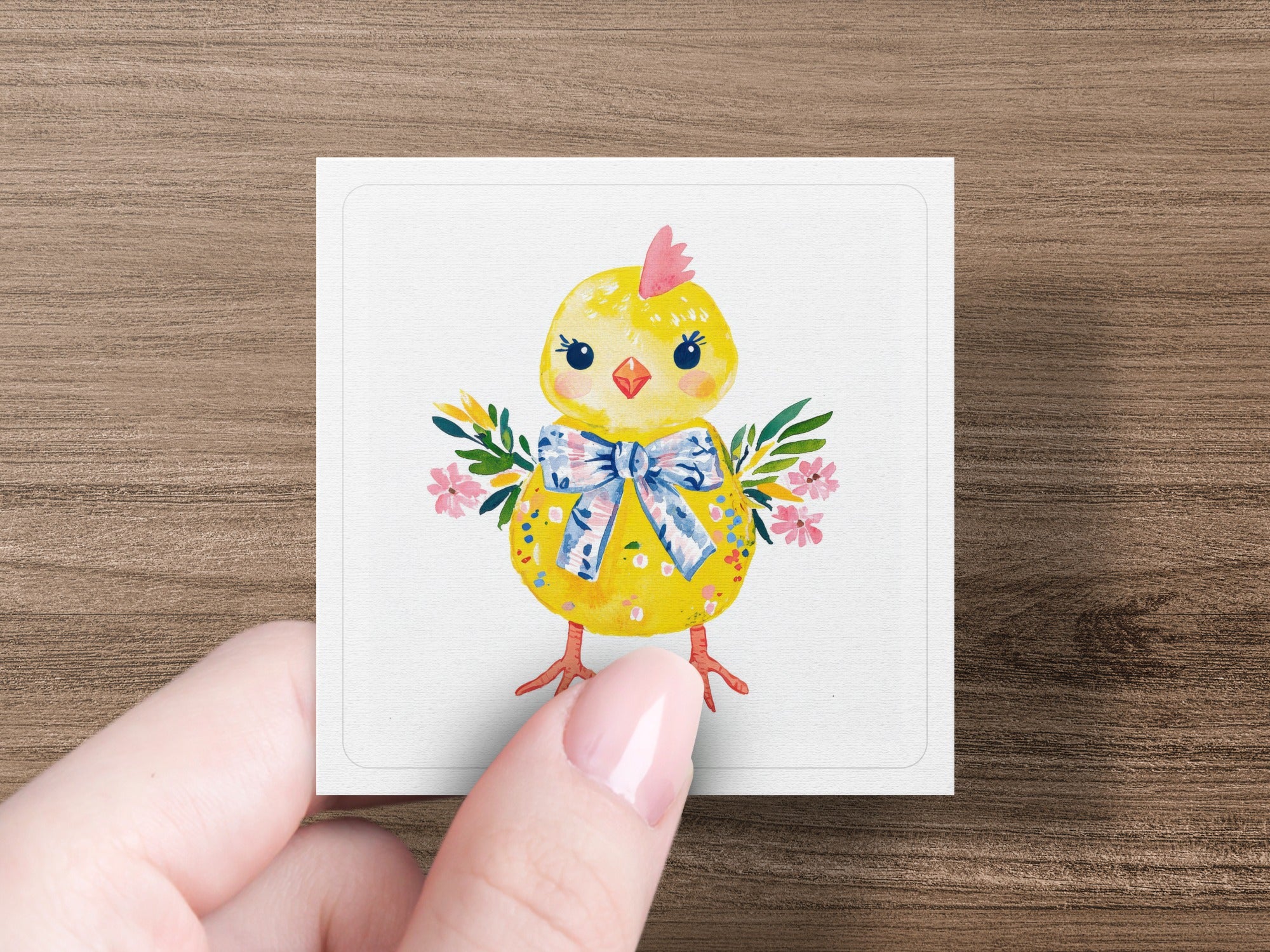 Yellow chick with blue bow and floral accents on a white square.