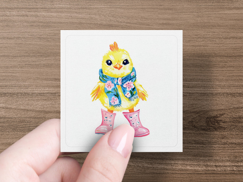 Yellow chick wearing pink boots and blue scarf, held by a hand.
