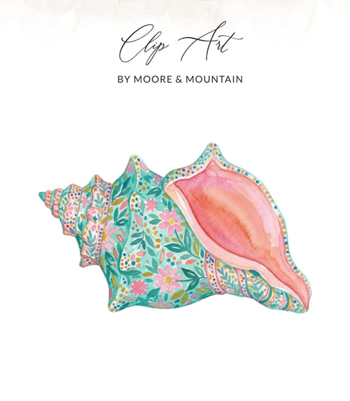 Seashell clip art with pink and turquoise floral pattern.