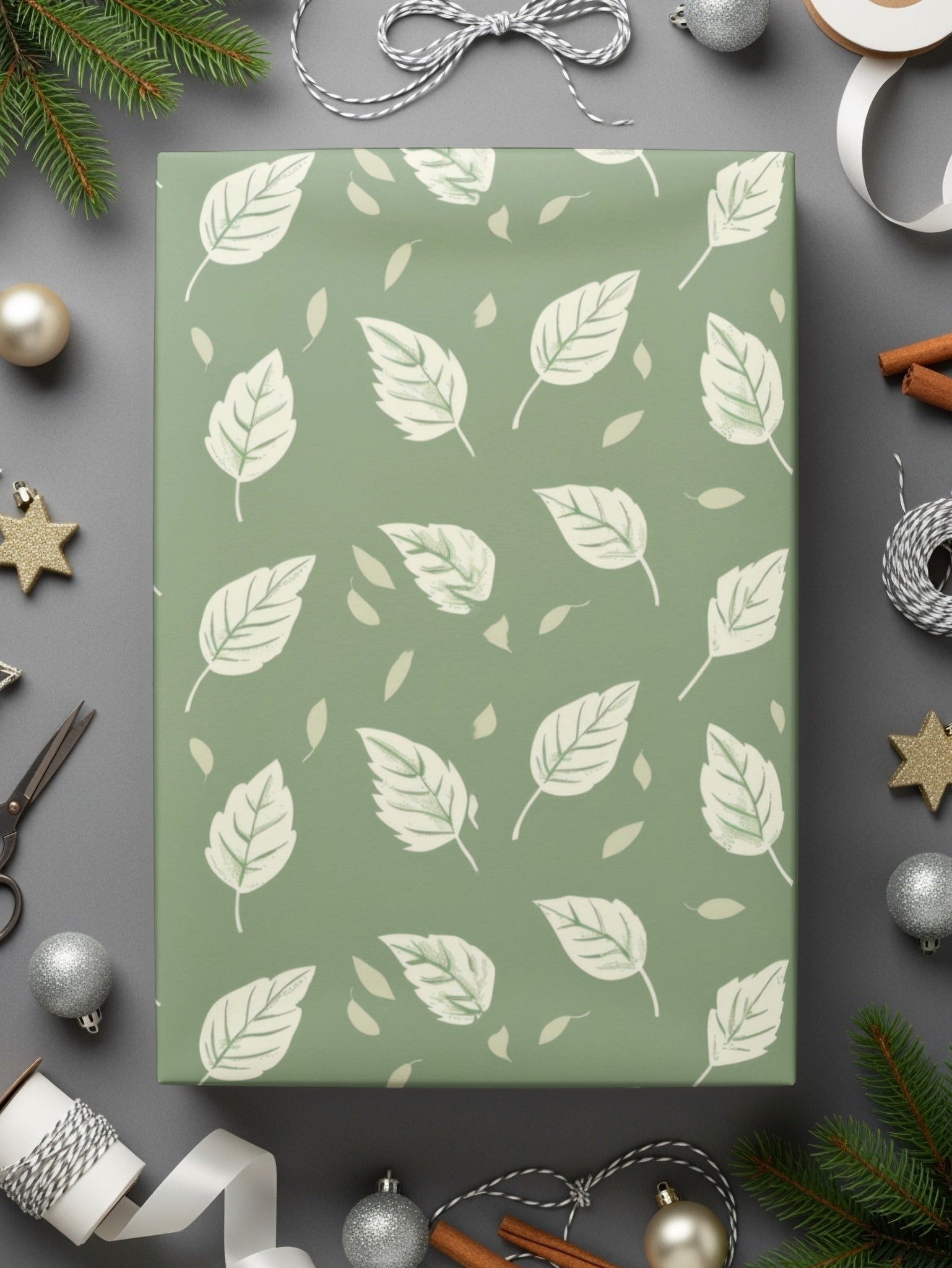 Green Leaf Pattern Wrapping Paper for Holidays
