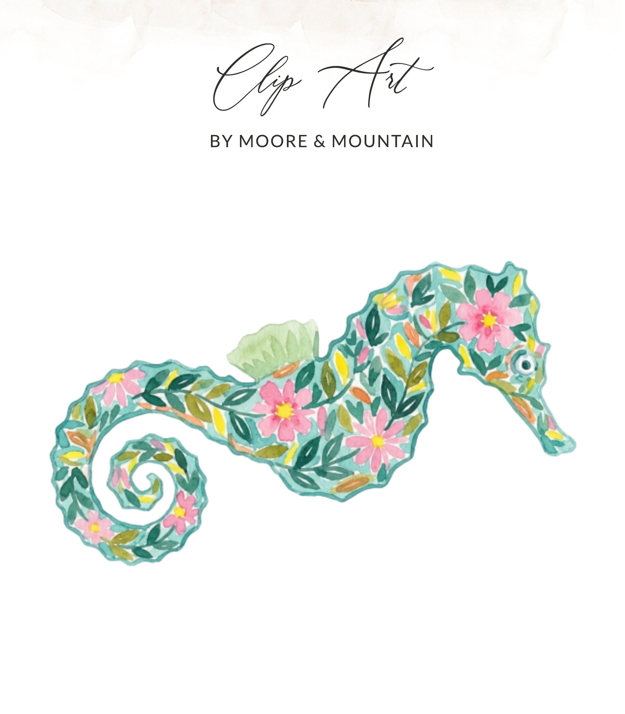 Watercolor seahorse illustration with floral and leaf pattern.