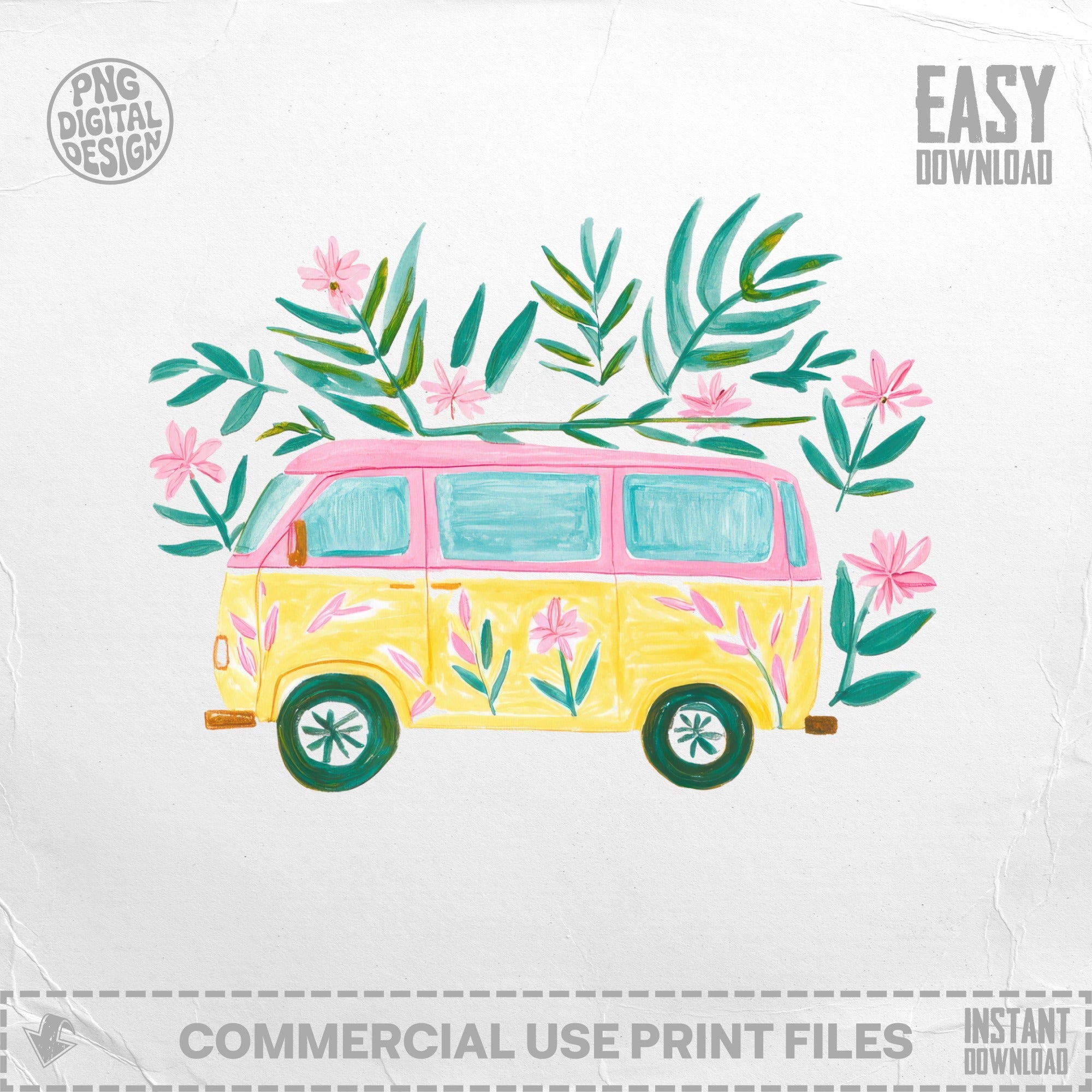 Yellow and pink camper van with pink flowers and green leaves.