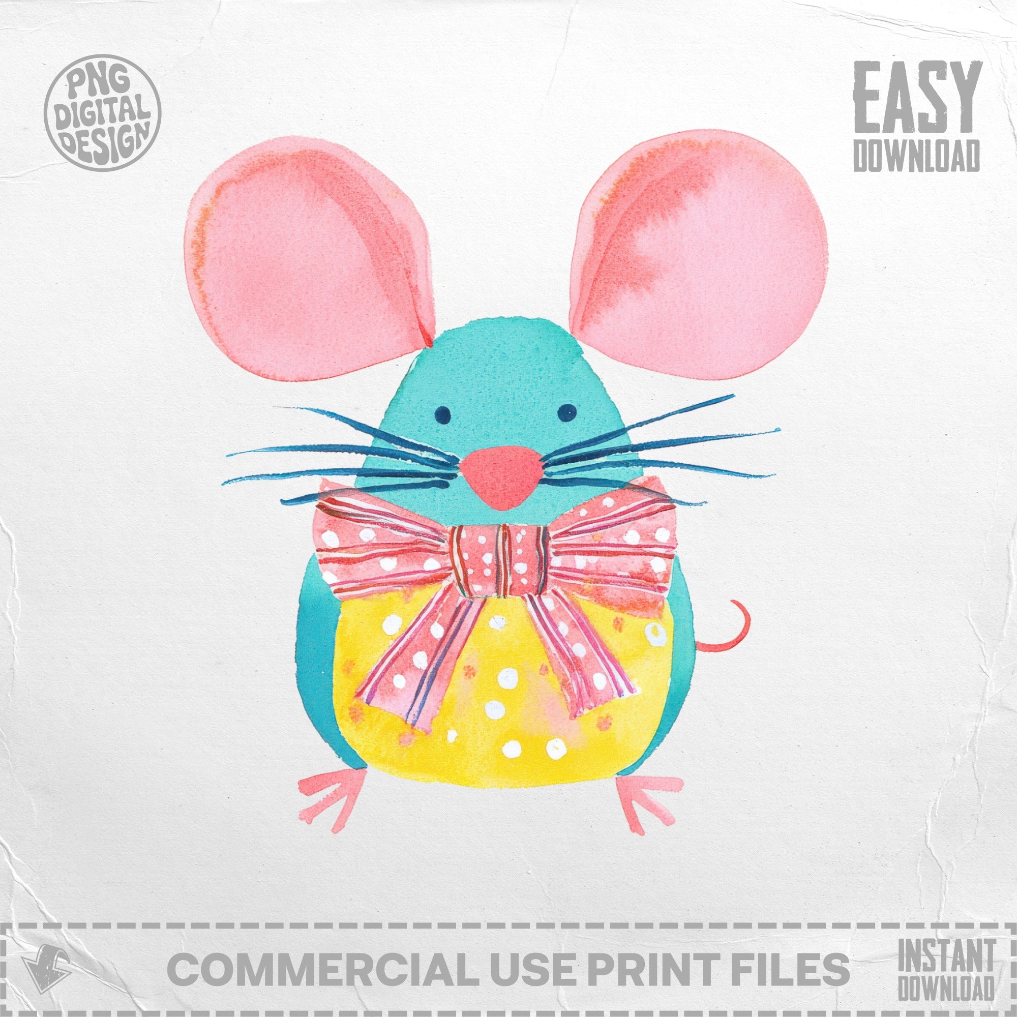 Blue mouse with pink ears wearing a yellow polka dot bow tie.