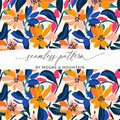 Seamless floral pattern with orange, blue, and pink flowers.