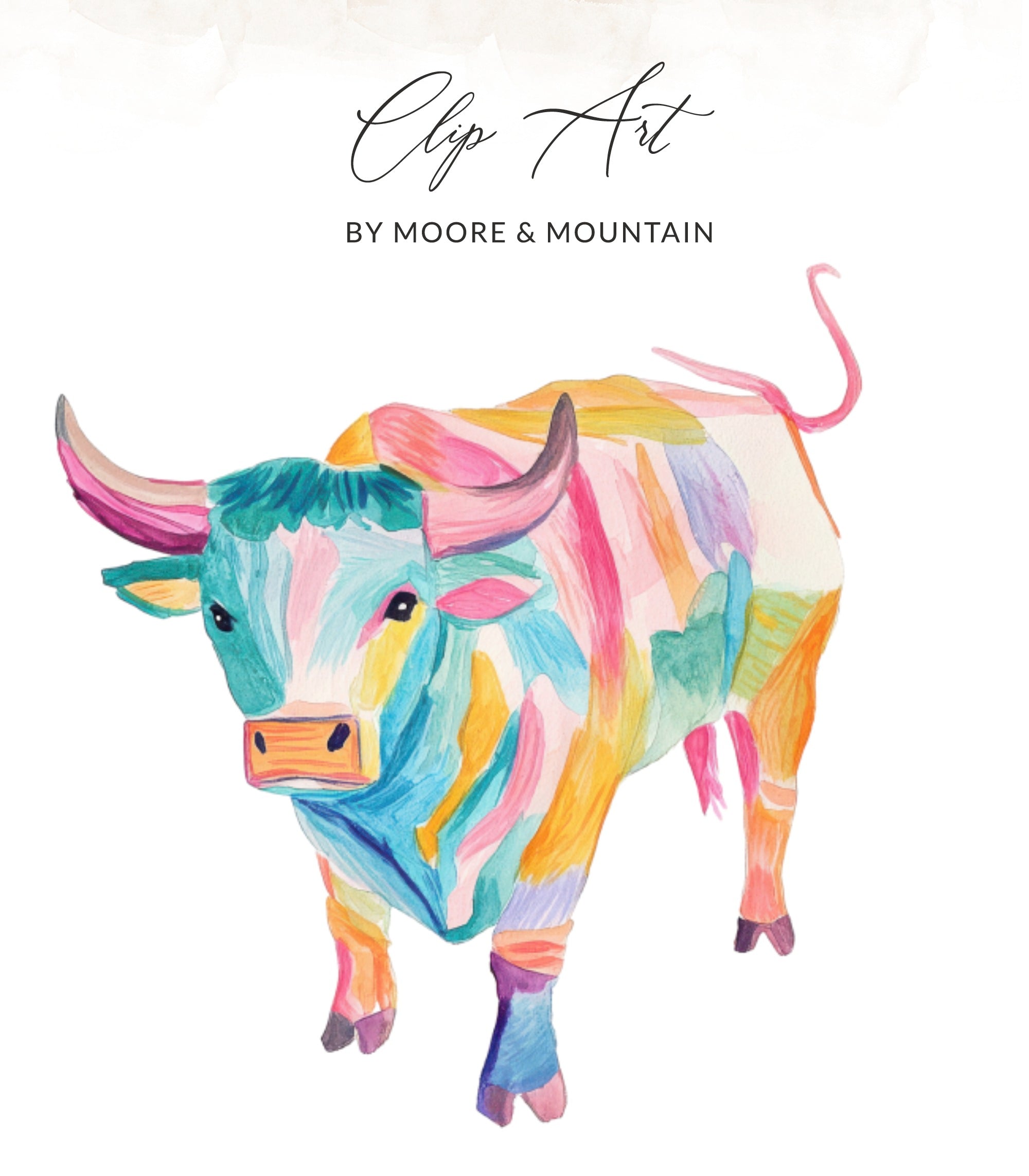 Colorful watercolor bull illustration with abstract paint strokes.