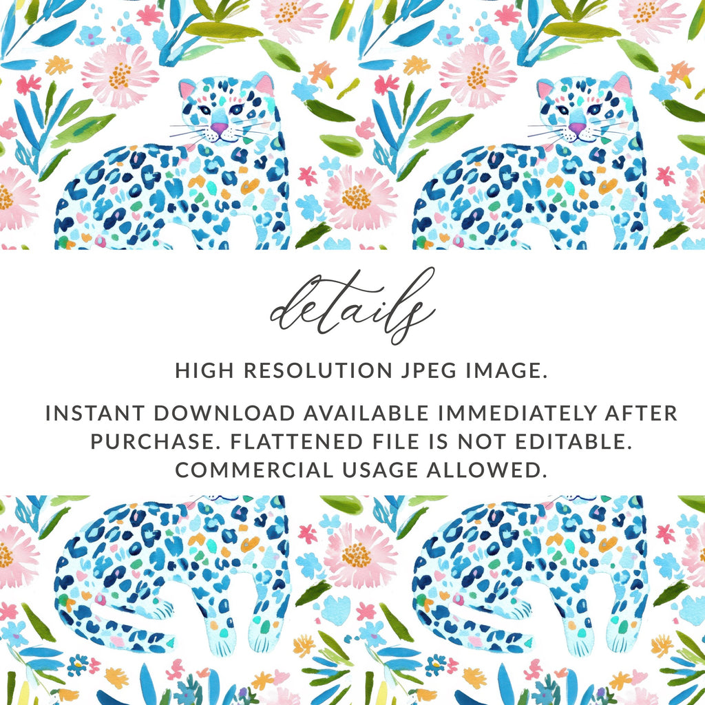 Watercolor leopards and floral pattern, with text details.
