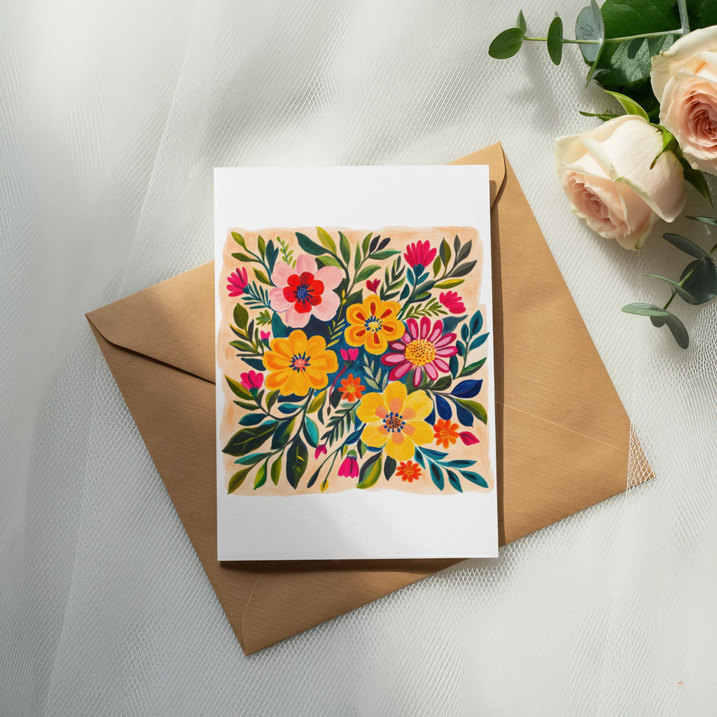 Watercolor floral illustration on a blank card resting on a brown envelope.