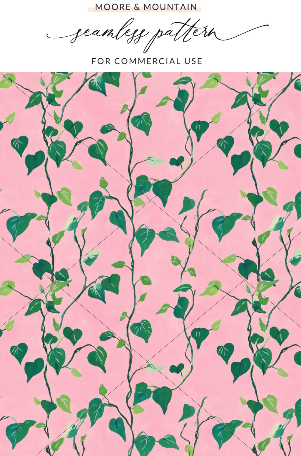 Green ivy vines with pointed leaves on a pink background with diamond pattern.