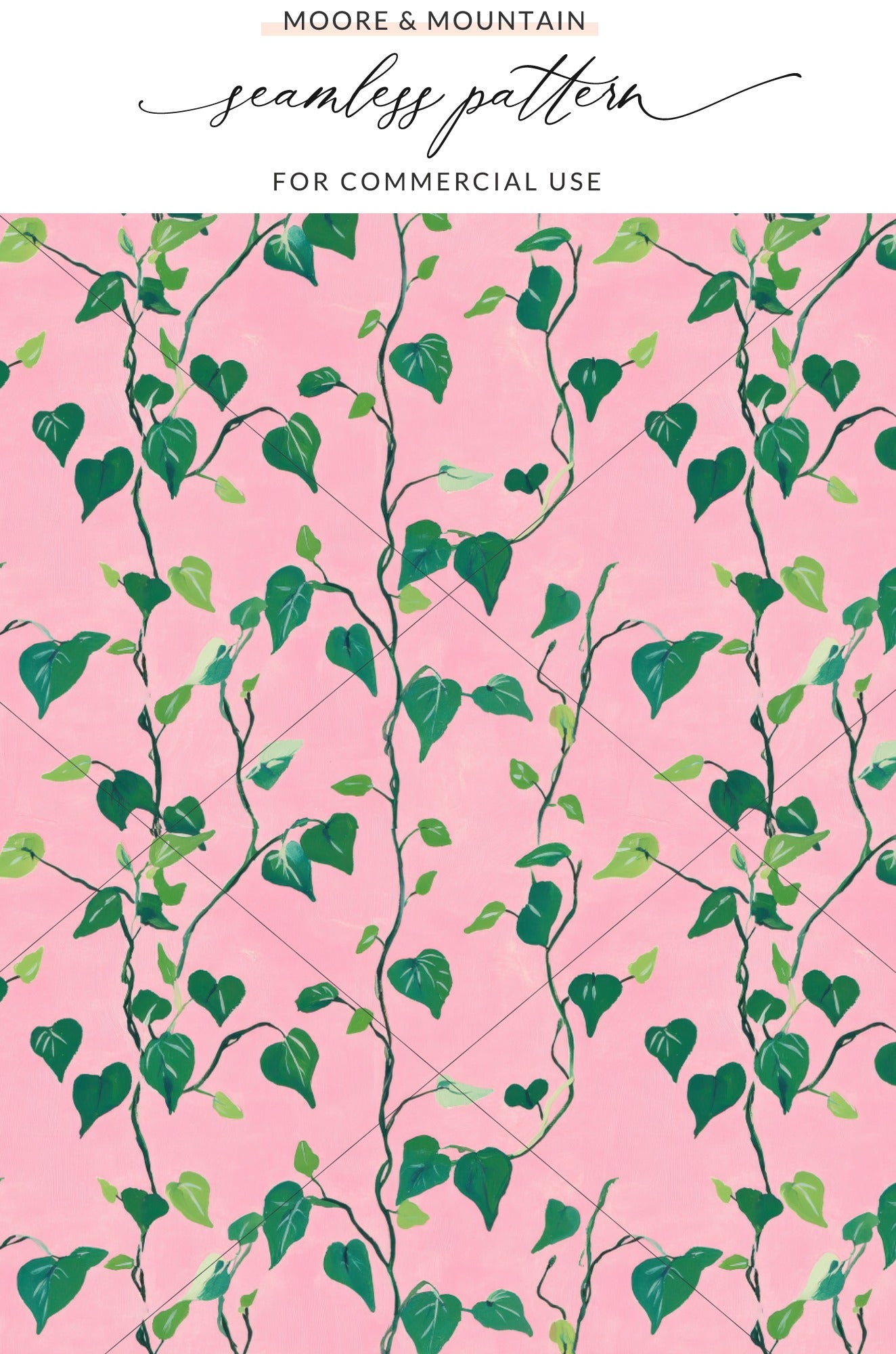 Green ivy vines with pointed leaves on a pink background with diamond pattern.