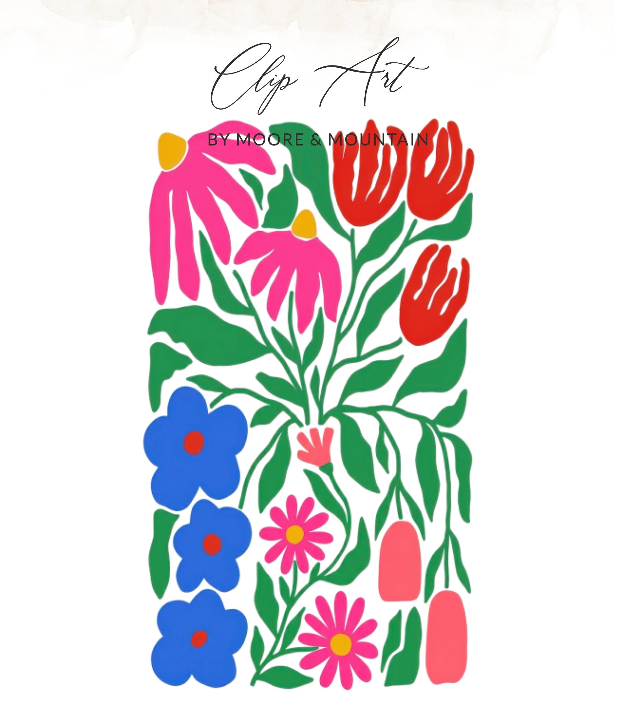 Abstract floral clip art by Moore & Mountain with pink, blue, and red flowers.