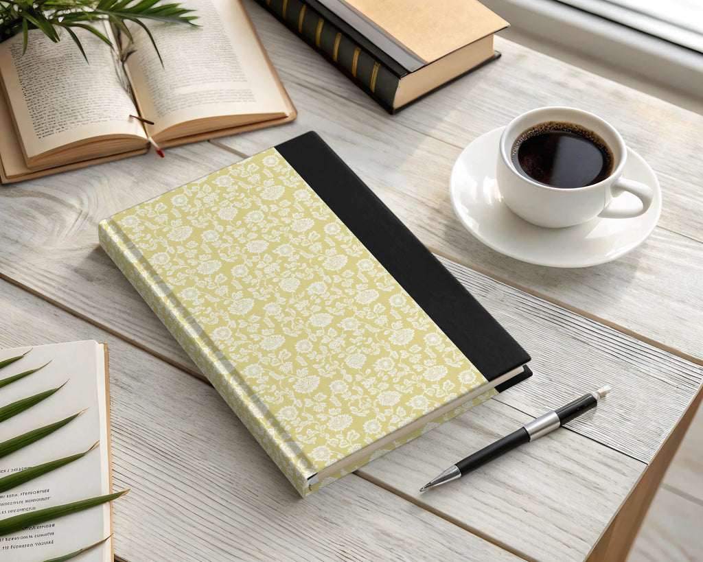 Floral Patterned Yellow and Black Hardcover Notebook