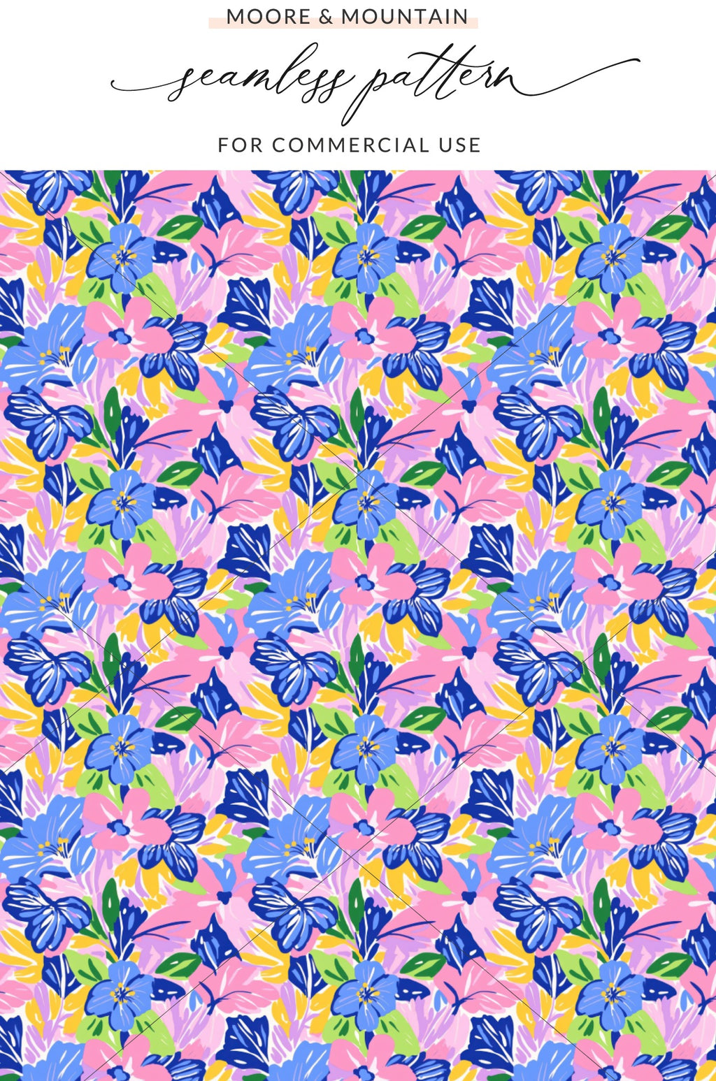 Seamless floral pattern with blue, pink, and yellow flowers on a bright pink background.