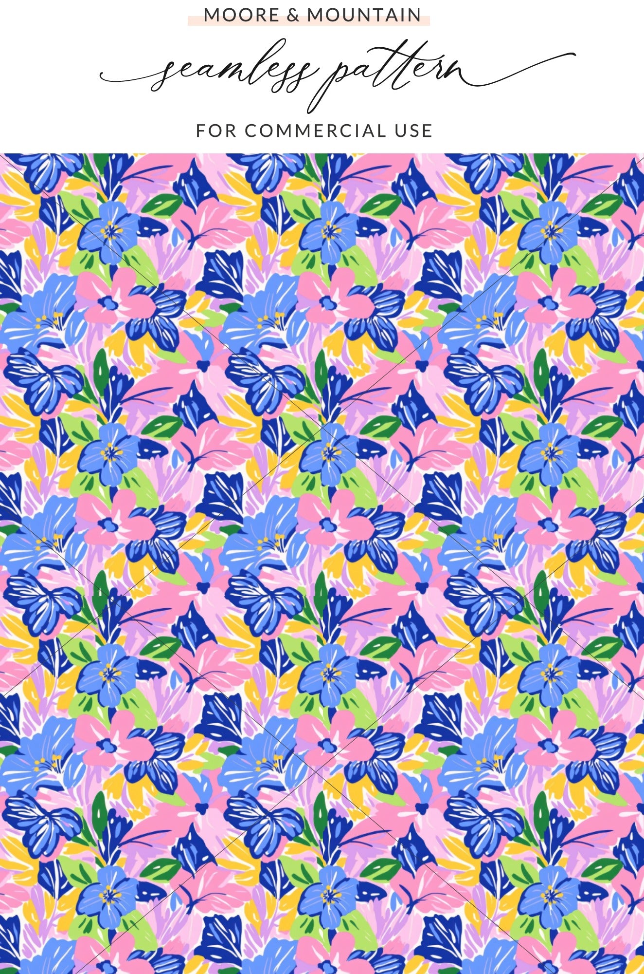 Seamless floral pattern with blue, pink, and yellow flowers on a bright pink background.