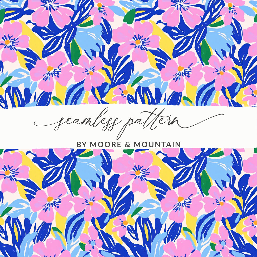 Seamless floral pattern with pink, blue, and yellow flowers and leaves.