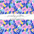 Seamless floral pattern with pink, blue, and yellow flowers and leaves.