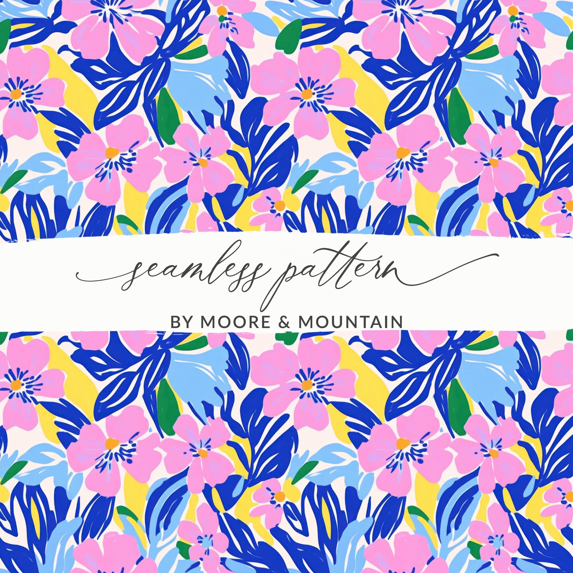 Seamless floral pattern with pink, blue, and yellow flowers and leaves.