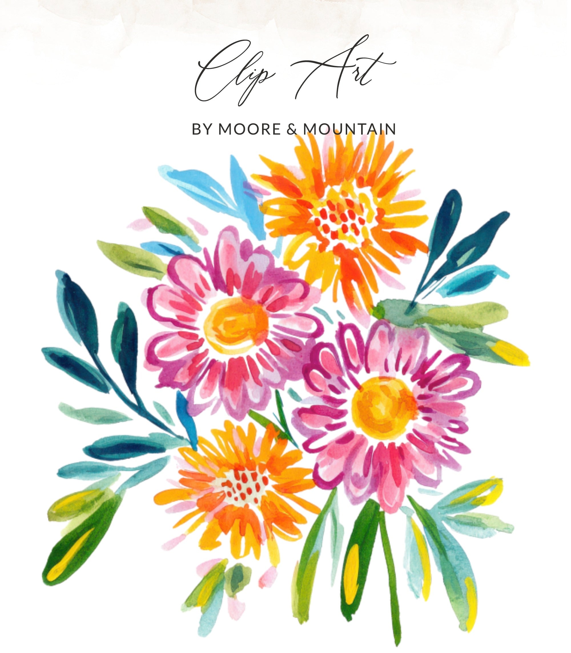 Watercolor illustration of colorful flowers and leaves with "Clip Art" text.