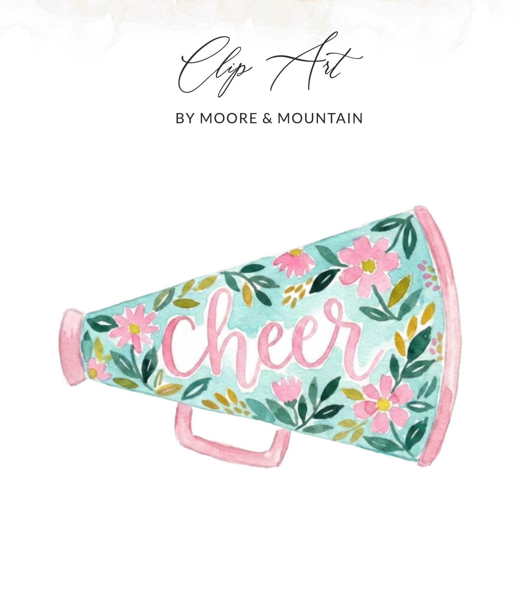 Pink and blue floral watercolor megaphone with "cheer" written on it.